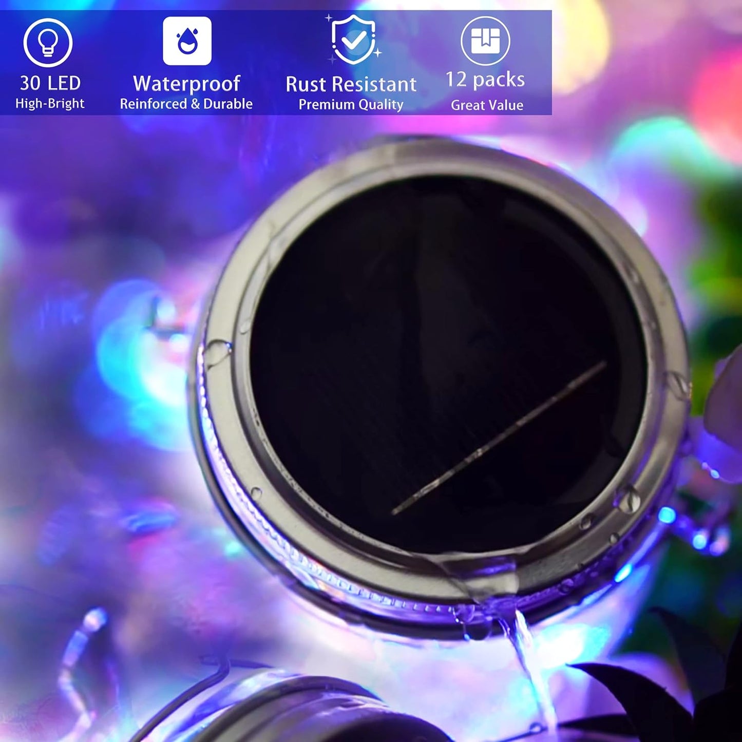 SunKite Solar Mason Jar Lights, 12 Pack 30 LED Waterproof Fairy Firefly Jar Lids String Lights with Hangers(NO Jars), Patio Yard Garden Wedding Decoration - Multicolored2