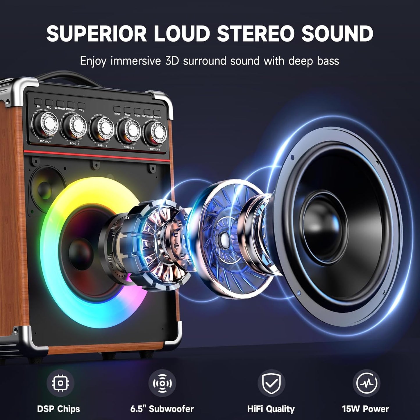 Karaoke Machine for Adults Kids, Bluetooth Speaker with 2 Karaoke Microphones, Bass/Treble Adjustment, Portable PA System with Remote Control/LED Lights for Home Party, Support USB/AUX/REC/TWS