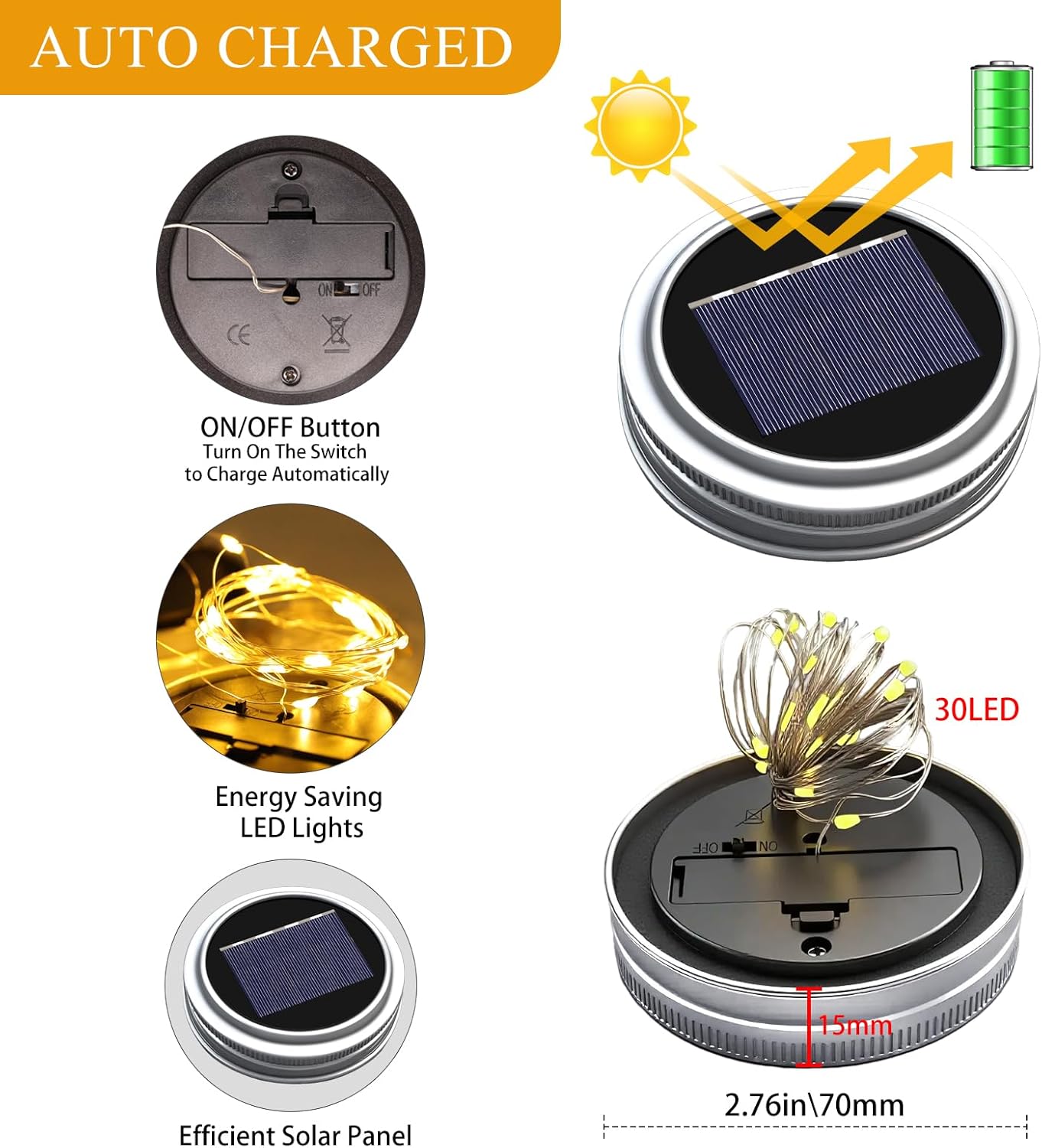 ZNYCYE Mason Jar Solar Lights for Outside, 6 Pack 30 LED Fairy Lights Mason Jar Solar Lids Outdoor Waterproof String Lights with Hangers (No Jars) for Patio Garden Yard Lawn Decor - Warm White