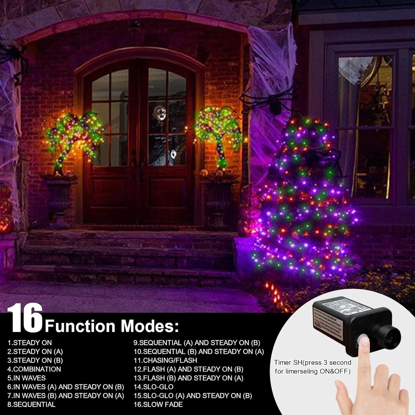 LAMPHOME 66ft Halloween Decorative Mini Lights, 200 LED Transparent Wire Fairy Starry String Lights Plug in, 16 Lighting Modes for Halloween Outdoor Party Decoration (Orange/Purple/Green)