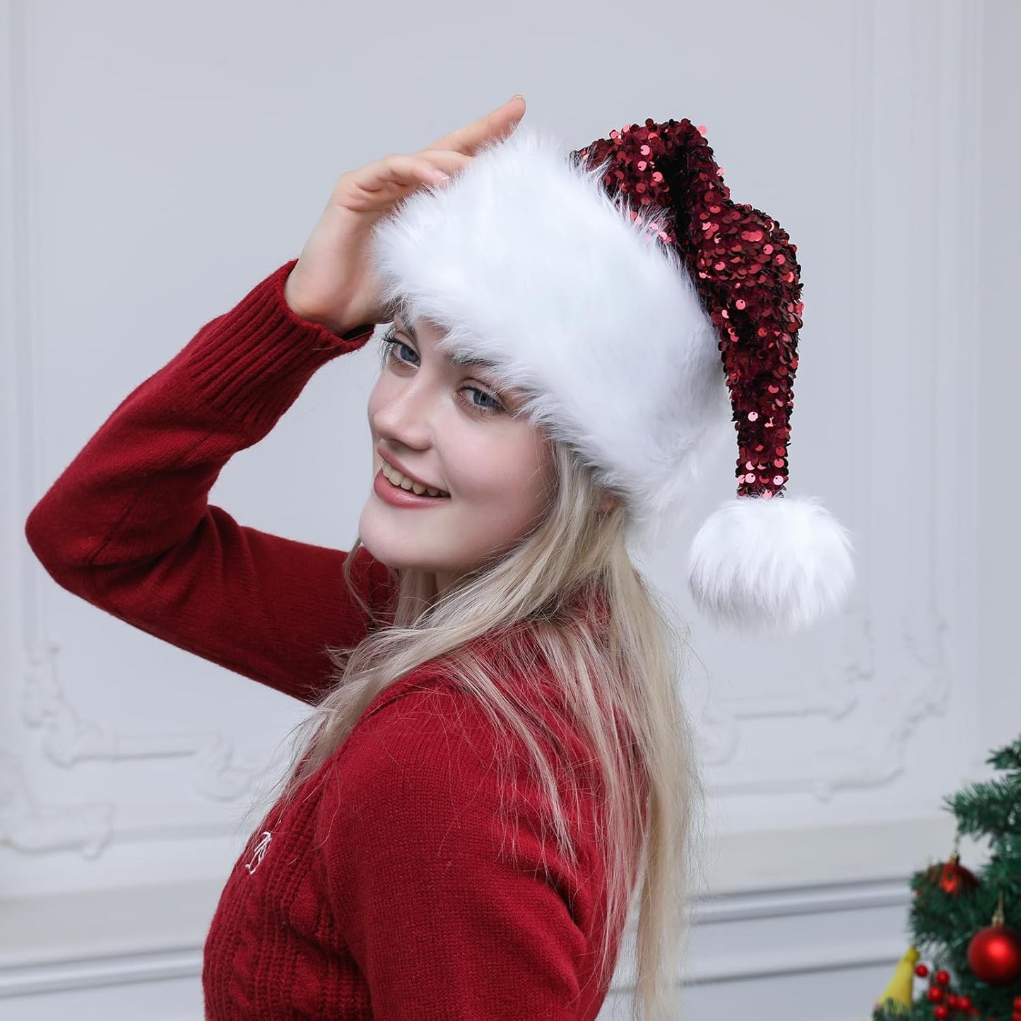 Personalized Sequin Santa Hat for Adults, Red Glitter Christmas Party Hat, Xmas Halloween New Year Holiday Headwear