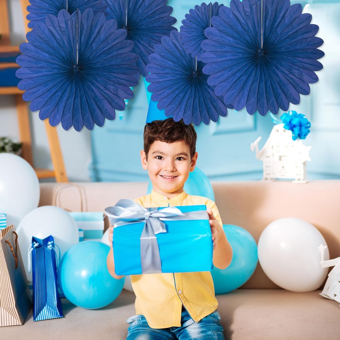 20 Pcs Navy Blue Hanging Paper Fan, Round Paper Fans Decorations Set for Weddings, Birthdays, Engagement, Bridal Shower, Baby Shower Event, Graduation, Party Supplies Decor