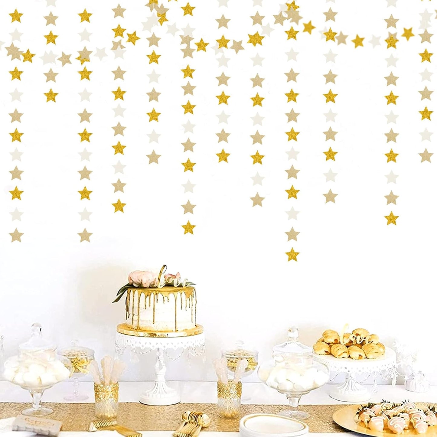 White-Gold Champagne Party-Decorations Bachelorette-Christmas Garland - 62ft Twinkle Little Star Hanging Streamers Banner, Wedding Birthday Baby Bridal Shower Engagement Decor Hugtmr