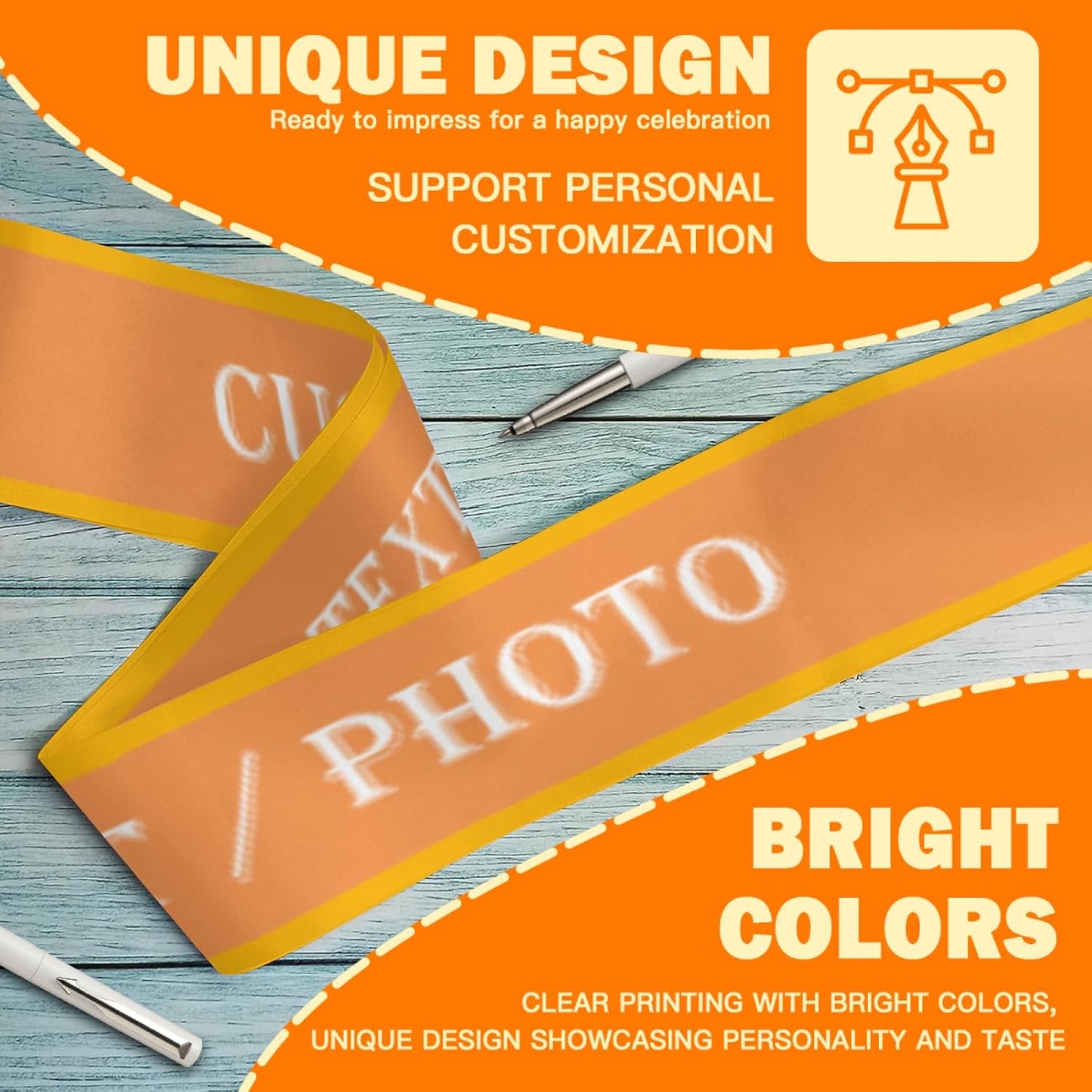 Custom Sash,Personalized Birthday Sash with Text Photo,Customized Bachelorette Sash Quote Sash Bride to Be Sash Color Optional (With decorative edge, Orange)