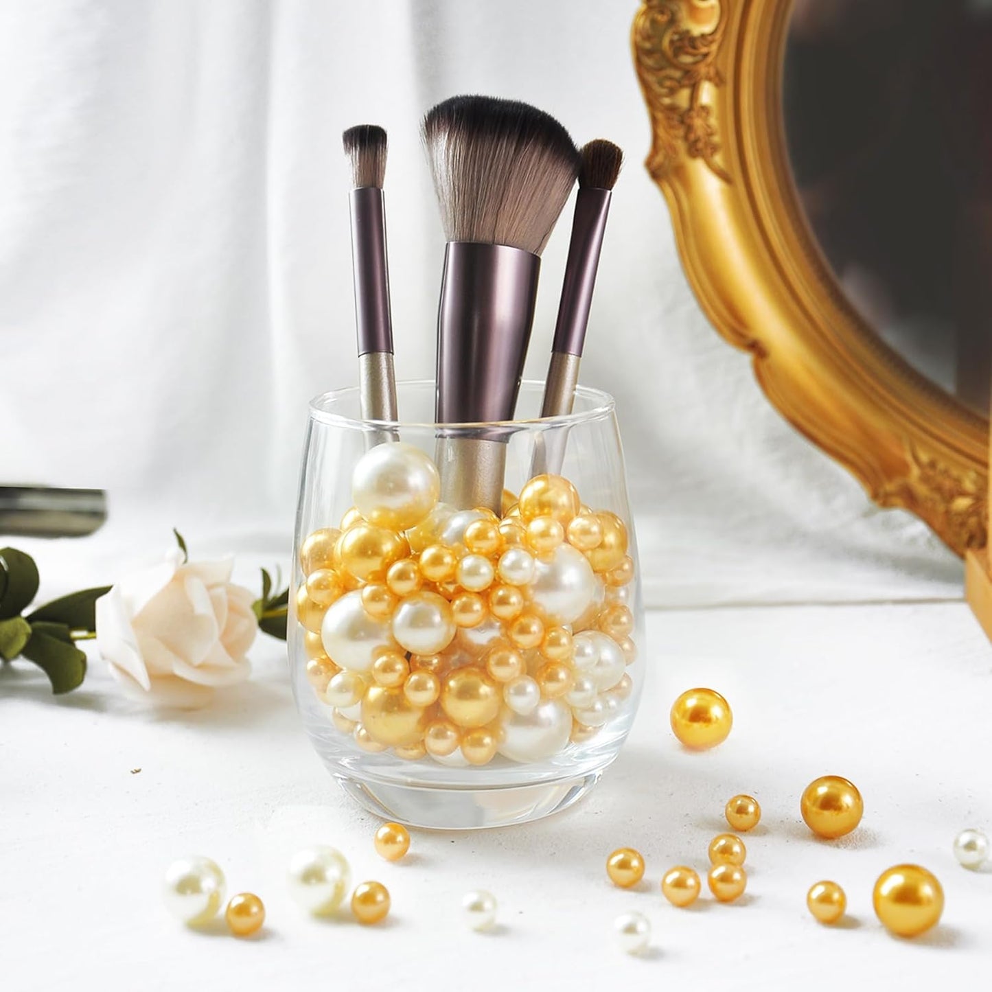 520Pcs Gold&Cream Beads for Centerpieces Decor, Artifical Pearls Vase Filler, Large Beads for Makeup Brush, No Hole Round Pearl Beads for Wedding Birthday Christmas Party Home Decor(18mm 14mm 6mm)