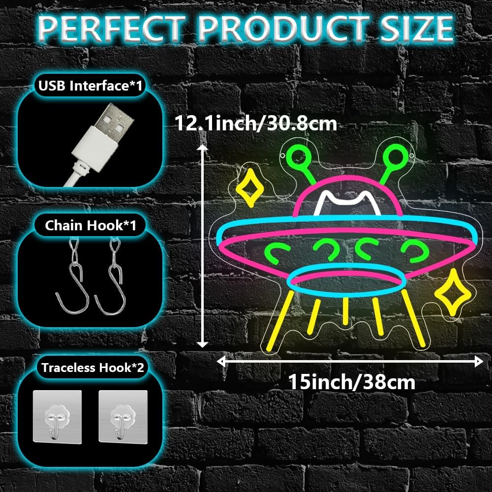 UFO Neon Sign,Cat Dimmable LED Light Signs for Wall Art Decor,Space Backdrop for Game Room Bedroom Club Party Man Cave,Gift for Boys Teen Men USB Powered（15"*12.1"）