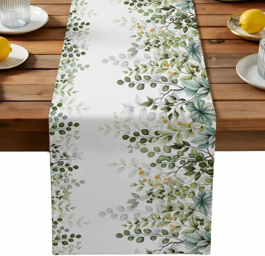 Sage Green Eucalyptus Cotton Linen Table Runner for Dining Kitchen,Farmhouse Leaves Botanical Floral Wedding Outdoor Party Tablerunners Decoration Dresser Scarf Coffee Tablecloth Runners 13x108 Inches