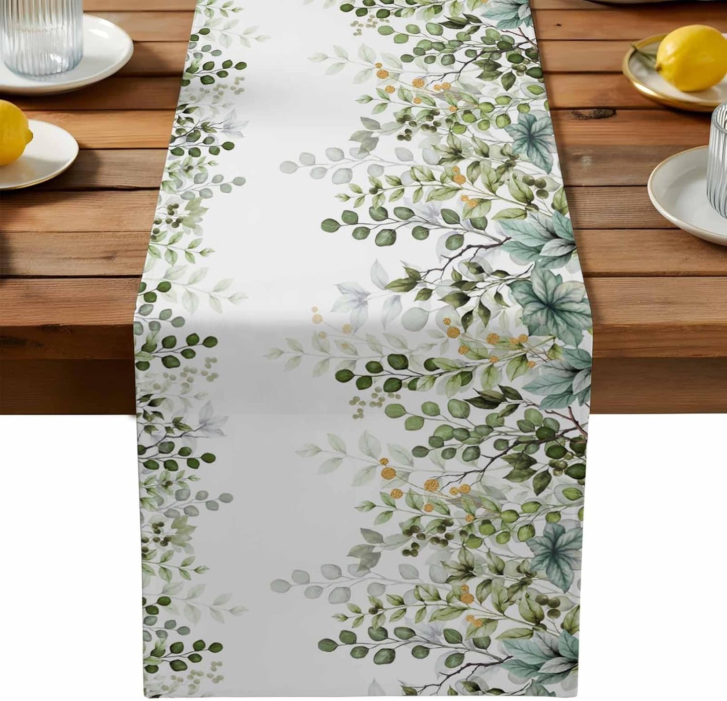 Sage Green Eucalyptus Cotton Linen Table Runner for Dining Kitchen, Farmhouse Leaves Wedding Outdoor Party Tablerunners Decoration Botanical Floral Dresser Scarf Coffee Tablecloth Runners 13x36 Inches