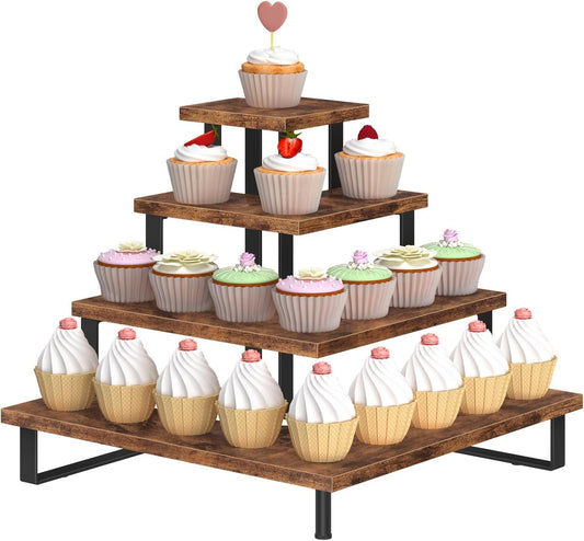 ELITEROO Wooden Cupcake Stand, Tiered Cupcake Display Tower Stand for 24 Cupcakes, Dessert Table Display Set, Buffet Risers Food Stands for Display Party Baby Shower, Rustic Brown Right Angle Corner