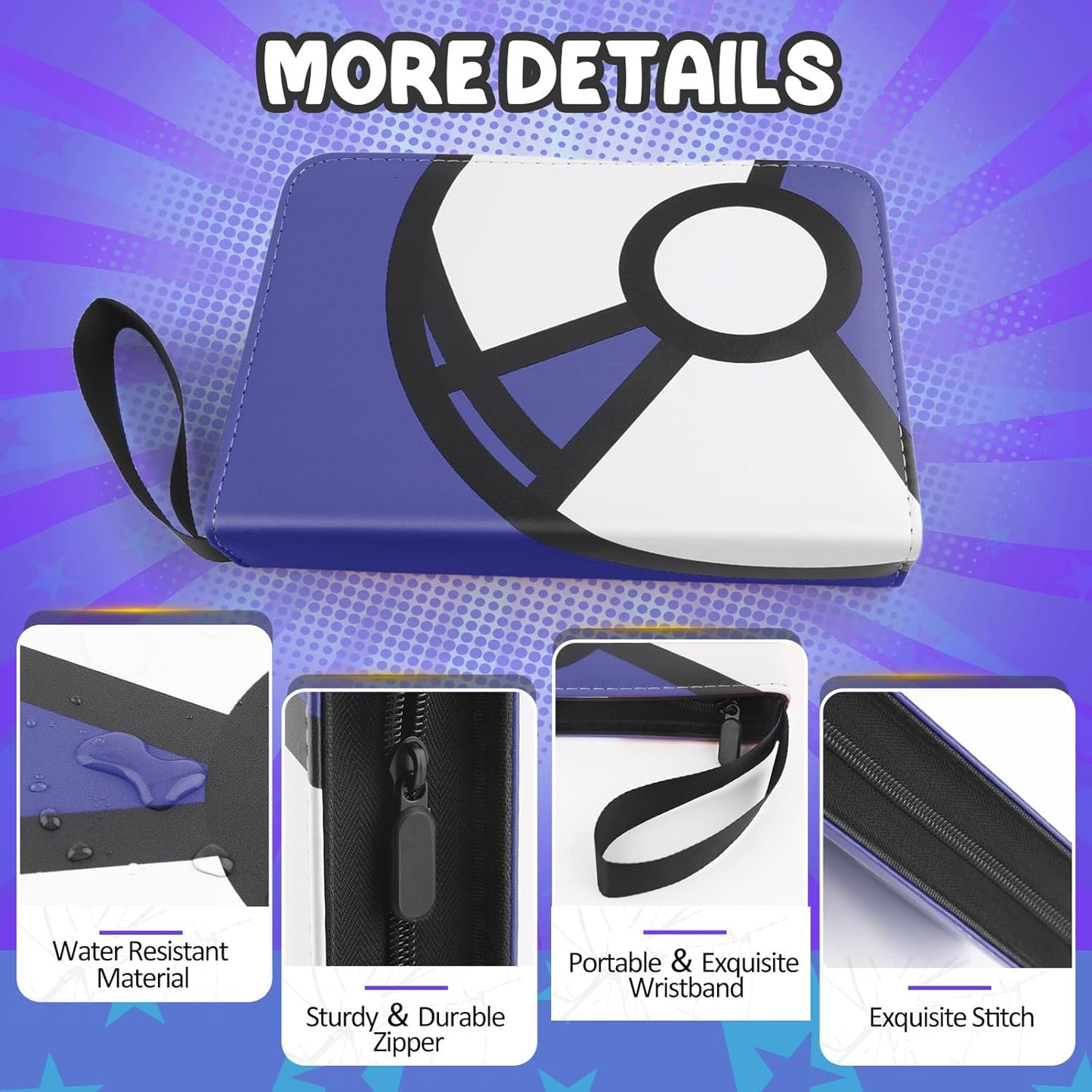 Trading Card Binder 4-Pockets, 400 Pockets Card Holder with 50 Removable Sleeves, Large Capacity & Waterproof Zipper Album Holder for Trading Card Collector, Portable Card Album Book for Card-Blue