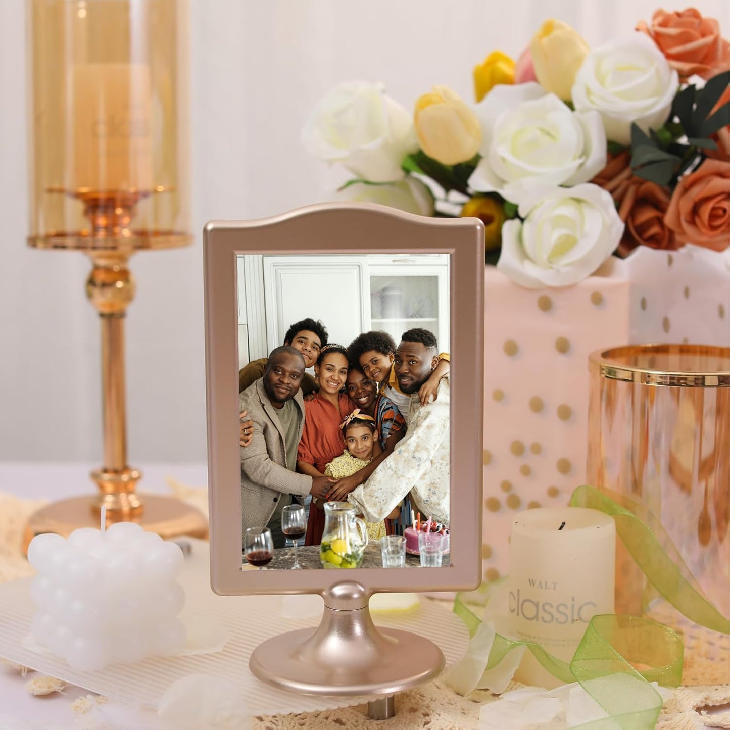 NahNah Double Sided Standing Picture Frames - (Gold, 4 Count) 4x6 Inch, Plastic Pedestal Photo Frame with Inserts and Base - 2 Sided Tabletop Vertical Display Frame for Wedding Table Bridal