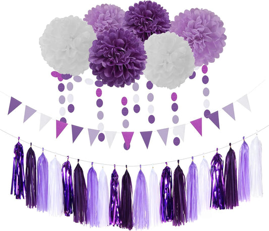 Purple White Lavender Party-Decorations Streamers - 28pcs Tissue Pom Poms,Women Girl Birthday Supplies Tassel Garland Banner,Baby Bridal Shower Wedding Engagement Bachelorette Graduation Decor Lasting Surprise