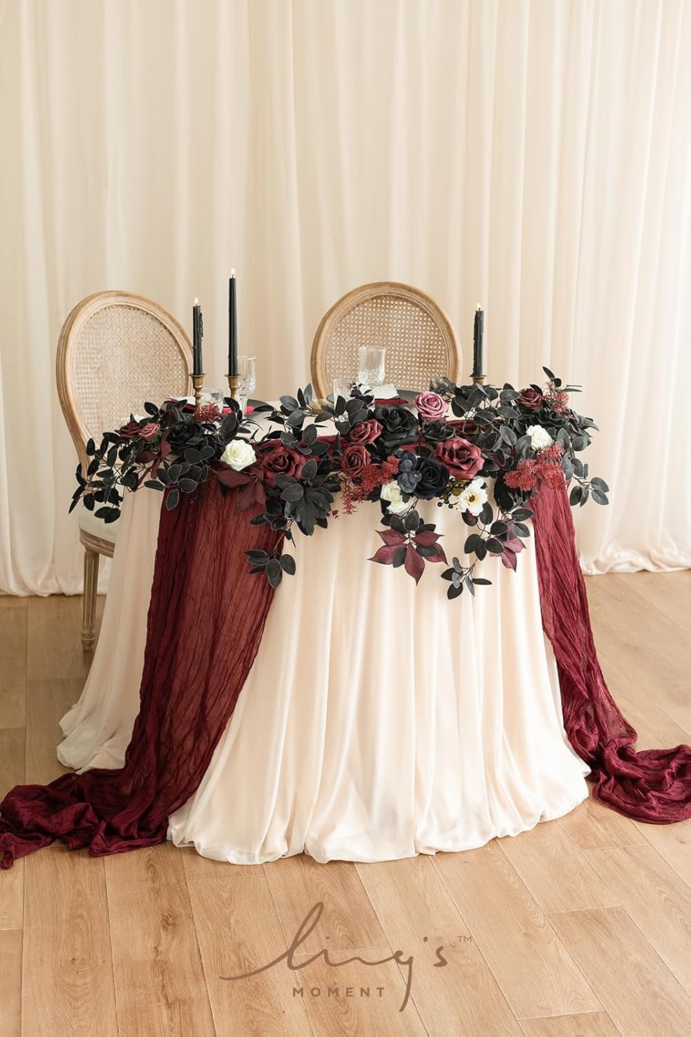 Ling's Moment Flower Garland - 6FT Eucalyptus & Rose - Sweetheart Table Decor for Wedding Reception, Artificial Floral Garland for Mantle, Thanksgiving, Christmas Decoration, Black & Burgundy