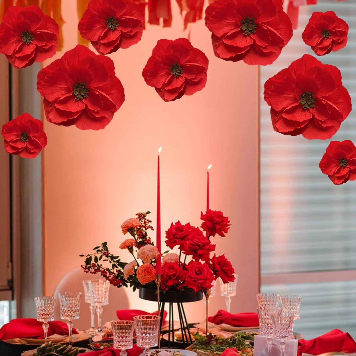 BRT Bearingshui Red Paper Flowers Decoration for Wall Total 9 Pcs, Artificial Flowers for Wedding Decor,Flower Backdrop Decor, Baby Bridal Shower Birthday Party, Red 3D Wall Flowers Decor