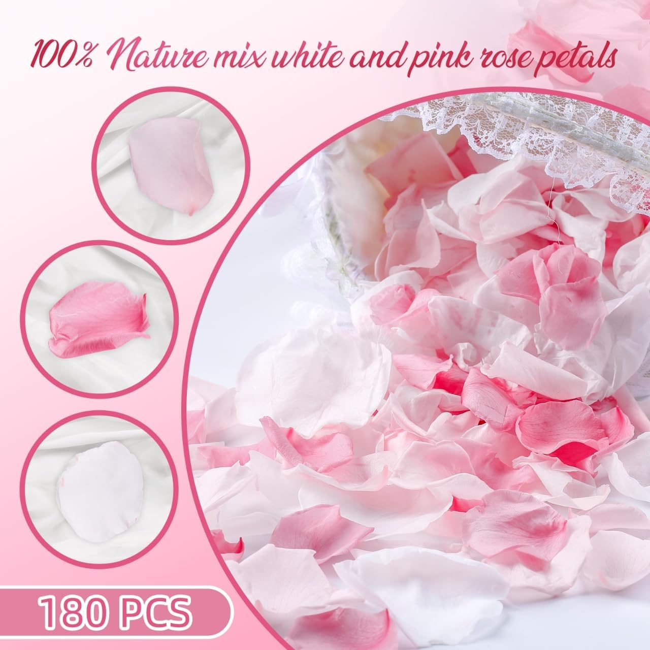 180 PCS Real Pink White Rose Flower Petals Confetti for Wedding to Throw, 1.75oz Freeze Dried Rose Petal for Proposal Centerpieces Romantic Night Decor