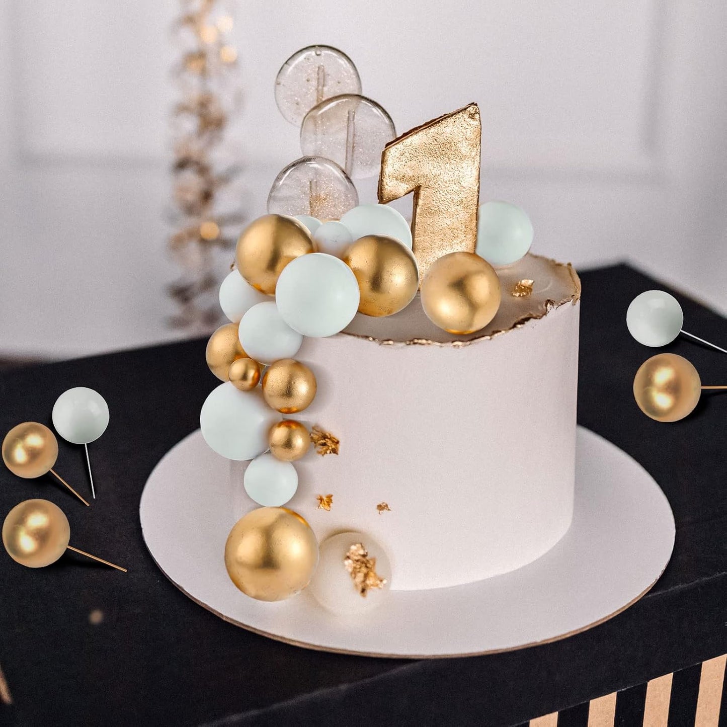 108 Pcs Balls Cake Topper DIY Cupcake Insert Foam Balloons for Cake Baking Wedding Anniversary Birthday Decoration(White, Gold,Multi Sizes)
