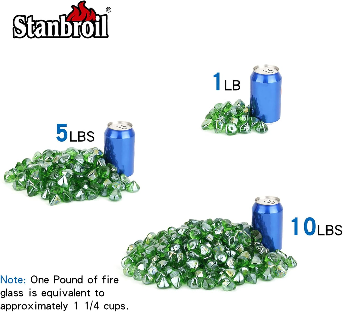 Stanbroil 10-Pound Fire Glass Diamonds - 1/2 inch Luster Fire Glass for Fireplace Fire Pit and Landscaping, Emerald Green Luster