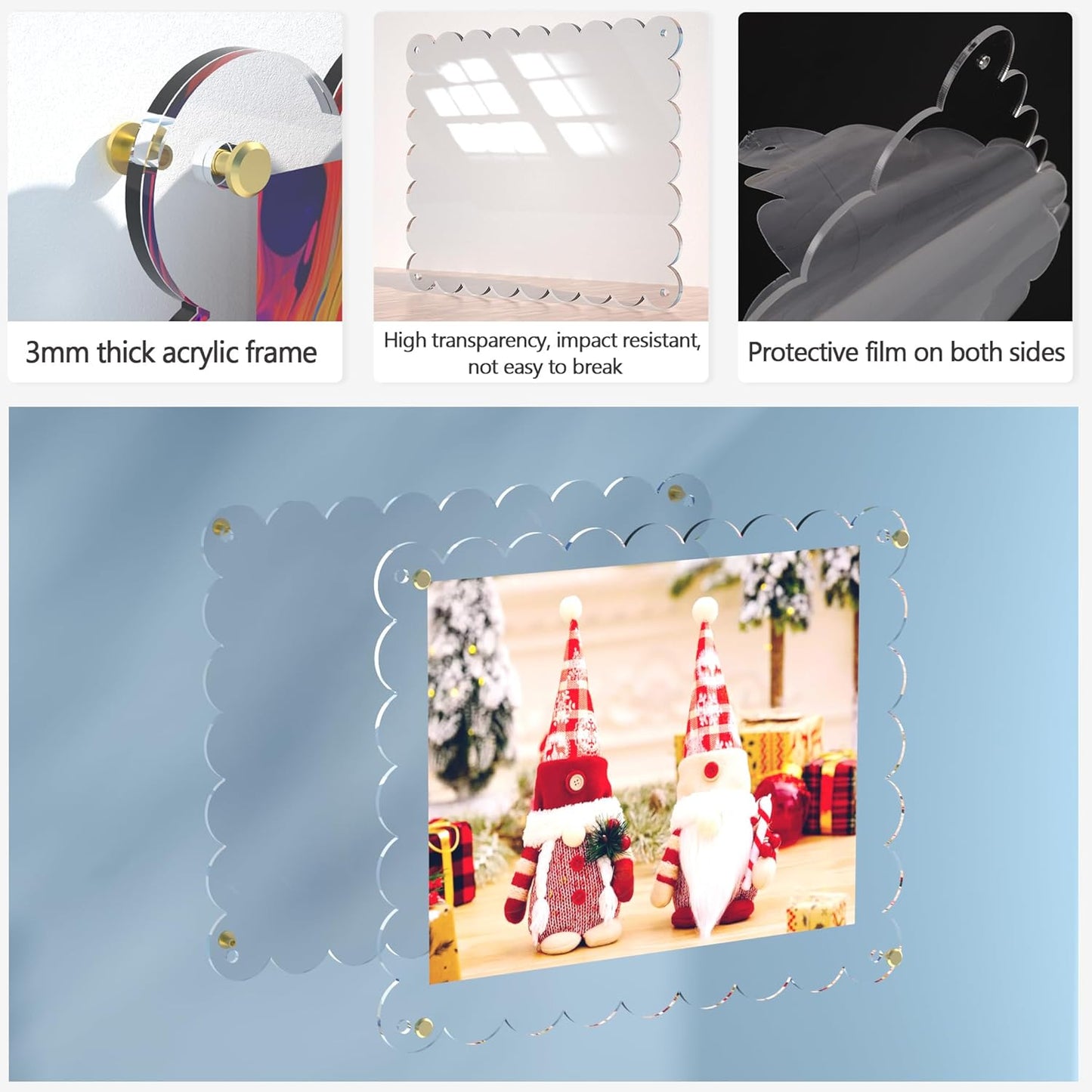 Acrylic Picture Frame for Wall, Frameless Clear Photo Frame with Scalloped Edge, No Drill Floating Frame for Diploma Certificate Degree Document & Poster/Painting/Artworks Display (1 Pack, 11X14 Scalloped edge)