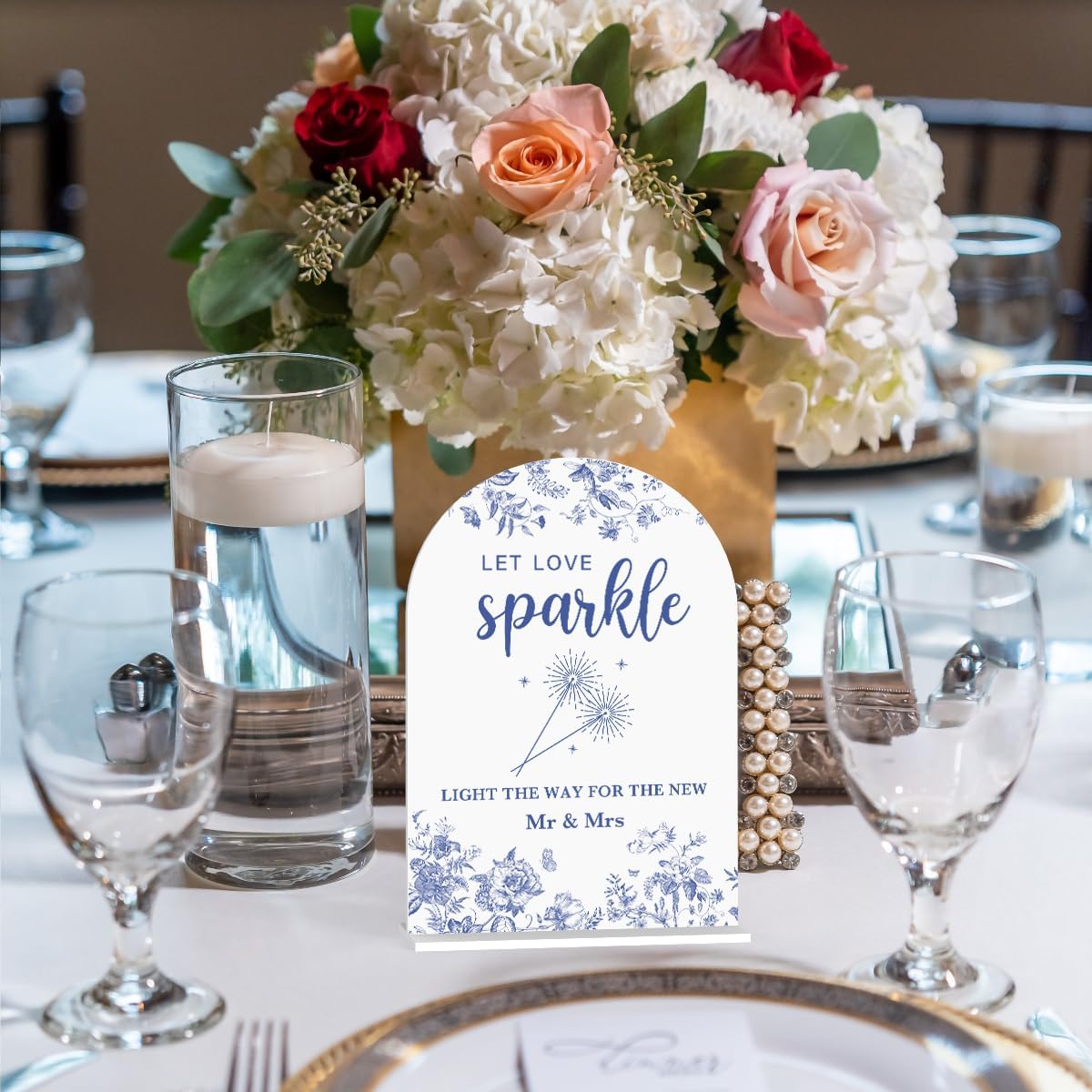 Acrylic Wedding Signs, Dusty Blue Wedding Decor, Blue Weddings Decor, Let Love Sparkle Signs for Reception, Modern Calligraphy Arch Acrylic Table Top Sign for Weddings Parties Dinners (White)