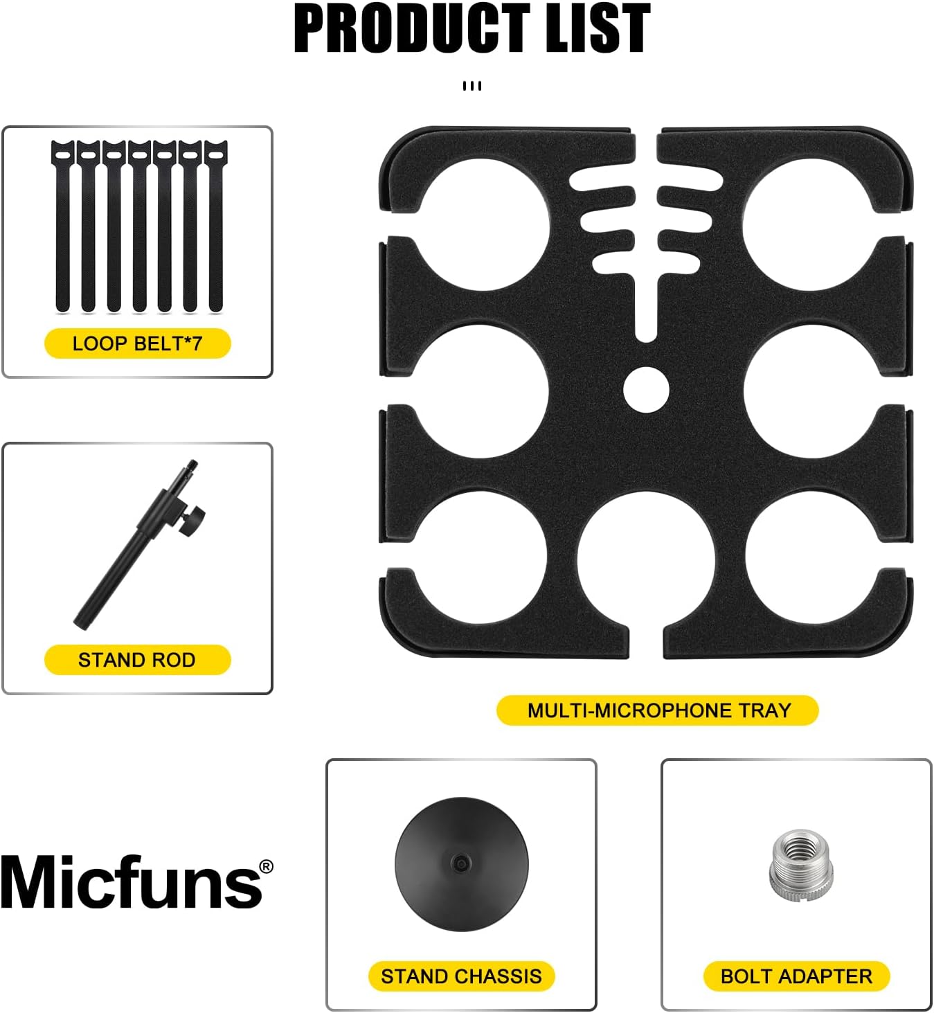 Multi Microphone Holder, Wired and Wireless Mic Holder for Stand, Hold Up to 7 Microphones, Aluminum, Black with stand