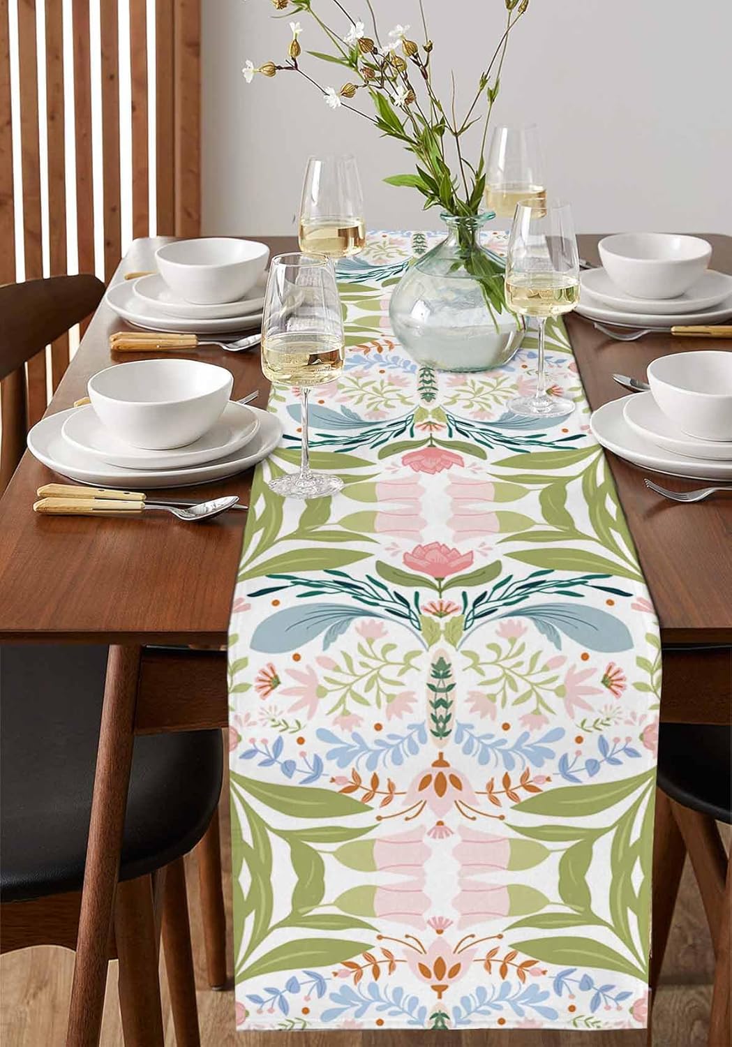 Green Blue Pink Boho Floral Cotton Linen Table Runner for Dining Kitchen, Wedding Outdoor Party Tablerunners Decoration, Retro Bohemian Botanical Dresser Scarf Coffee Tablecloth Runners 13x48 Inches