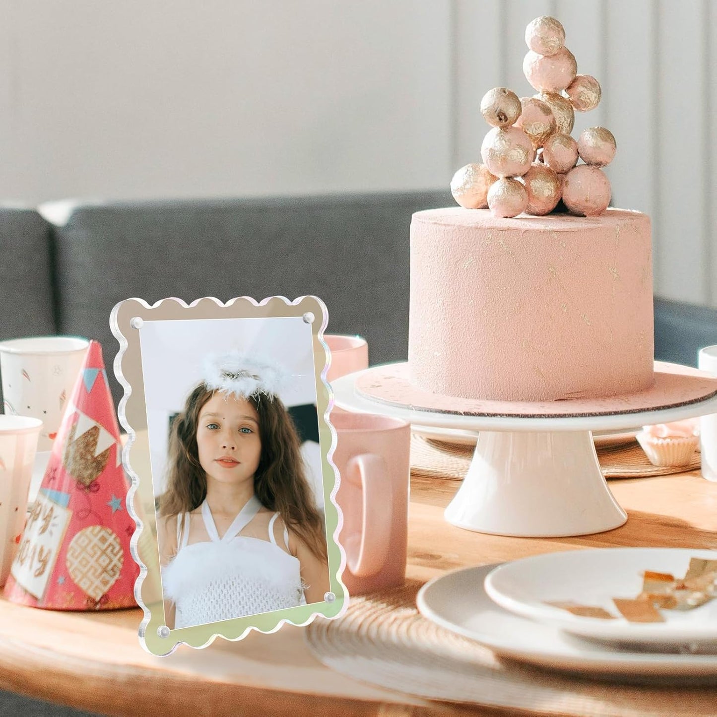 Acrylic Picture Frames 3 Pack 5x7 inch Scalloped Iridescent with Detachable Stand, Vertical and Horizontal Tabletop Display, Magnetic Photo Frames for Café/Home/Party/Wedding