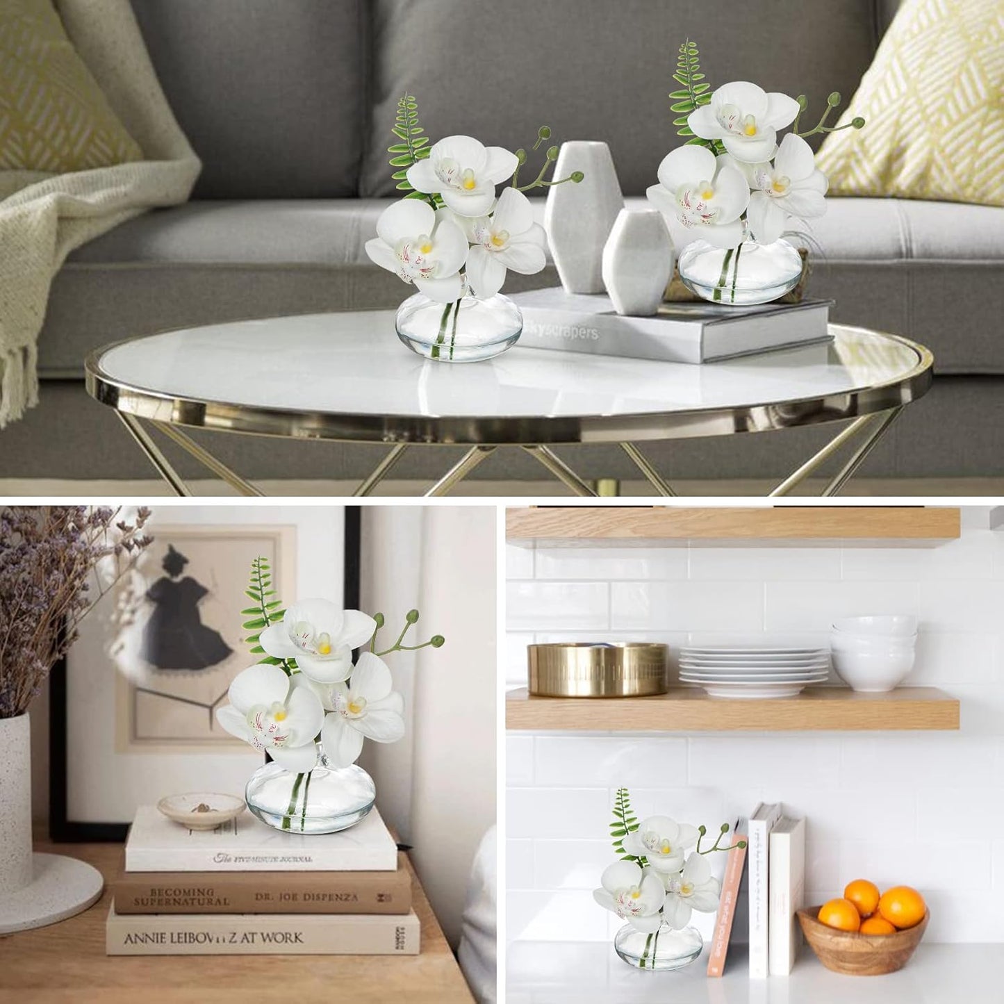 White Orchids Artificial Flowers Faux Orchids Arrangement in Clear Glass Vases Set of 3 Real Touch Phalaenopsis Orchid Flowers Small Fake Orchid Centerpiece for Dining Room Table