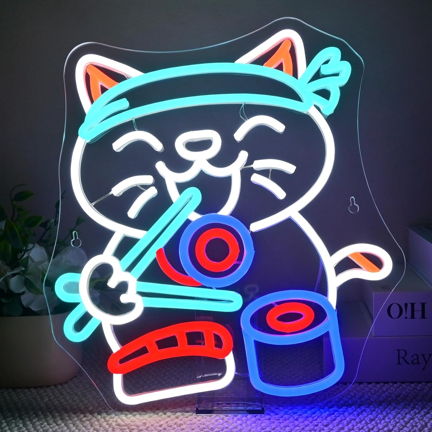 Wanxing LED Neon Sign for Wall Decor, Ramen Cat Eat Sushi Neon Light, USB Powered Dimmable, 5V/2A, 12.6"x13.8" for Home, Party, Gift, Office, Bedroom, Kitchen, Sushi Lover