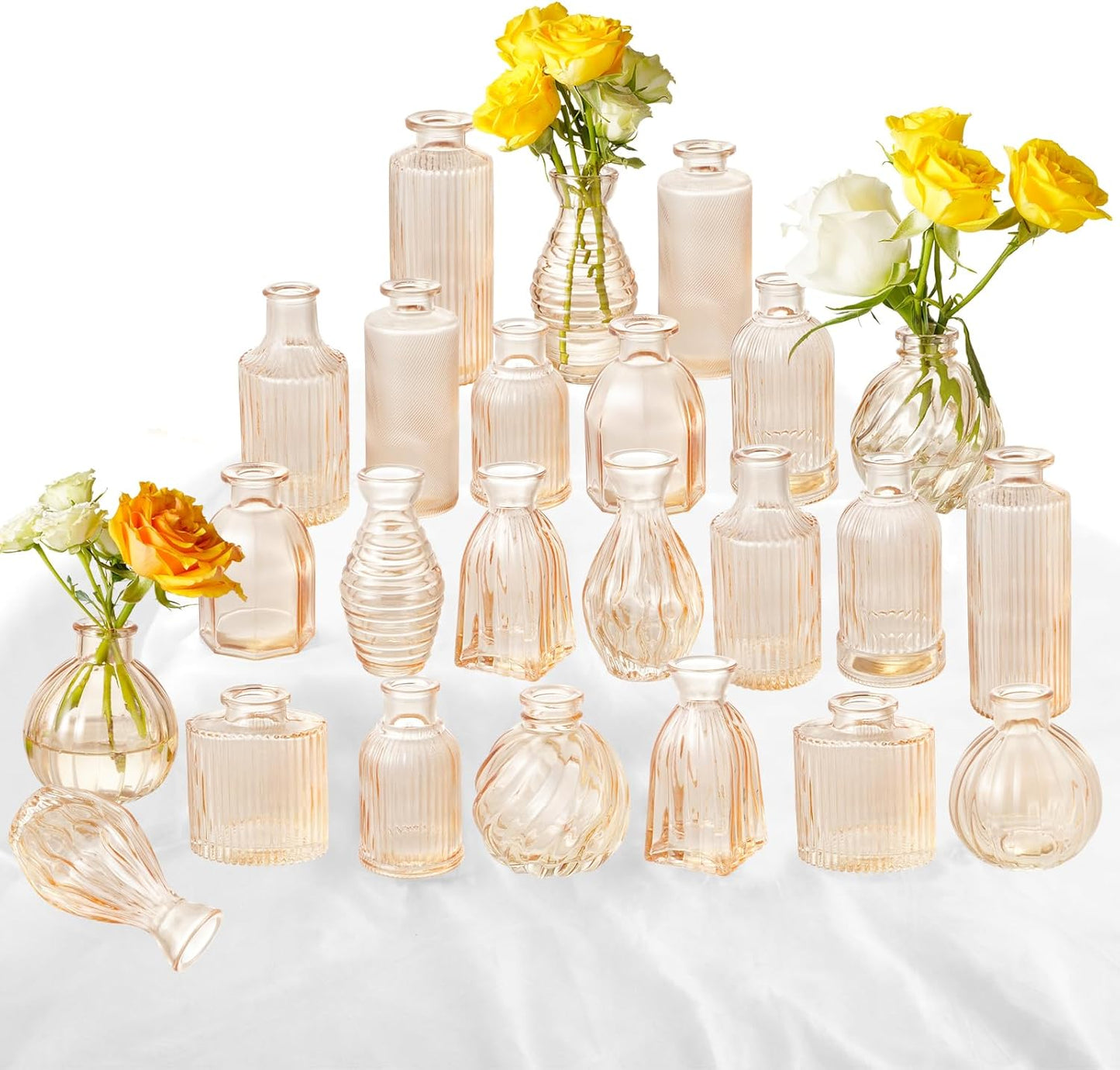 Champagne Bud Vases in Bulk 24 Packs Amber Glass Vase for Decor Centerpieces, Small Ribbed Vases for Flowers Stripe Modern Bud Vases Vintage Vases for Floral Wedding Party Table Decoration Home Decor