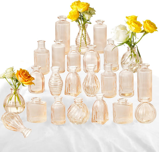 Champagne Bud Vases in Bulk 24 Packs Amber Glass Vase for Decor Centerpieces, Small Ribbed Vases for Flowers Stripe Modern Bud Vases Vintage Vases for Floral Wedding Party Table Decoration Home Decor