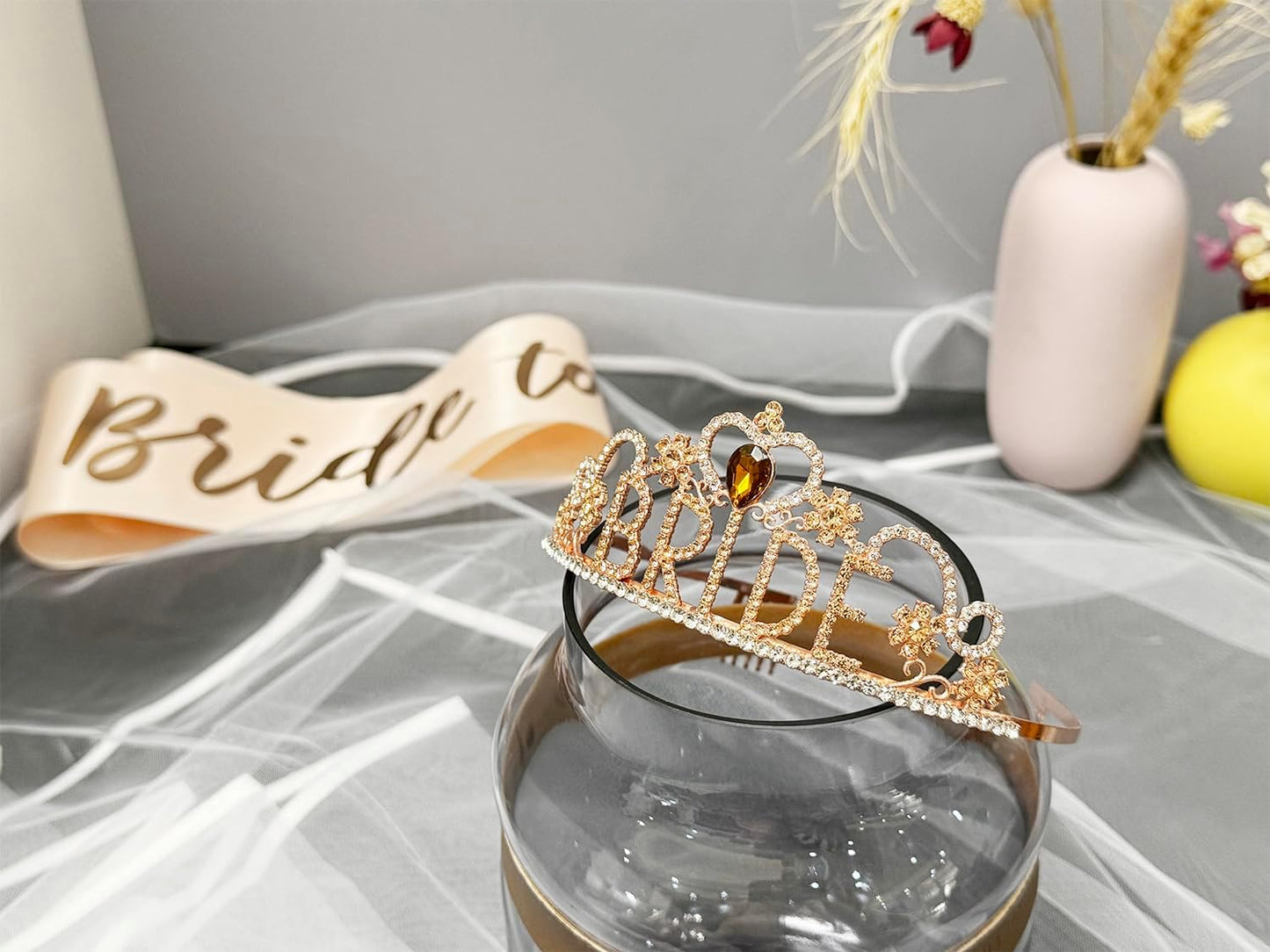 JETKONG 3 Pcs Bachelorette Party Decorations "BRIDE" Crown, Bride to Be Sash&Veil for Women Bachelorette Party Gifts, Bridal Shower Supplies, Gifts, Favors (Rose Gold)