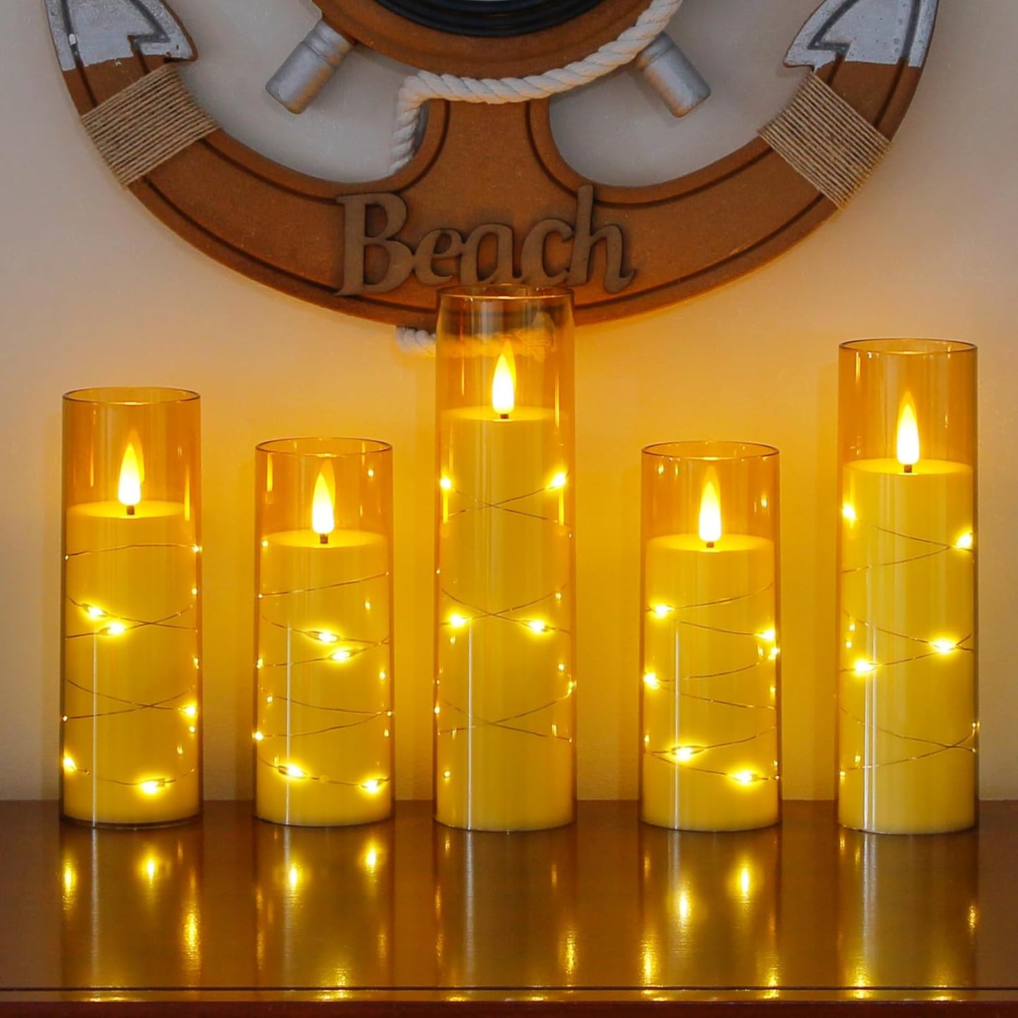 Gold Flameless Candles with Remote and String Light, 2.2"x 5",5",6",7",7",8" LED Battery Operated Plastic Flickering Timer Pillar Candles(Pack of 6,Turn On/Off String Light Mode)