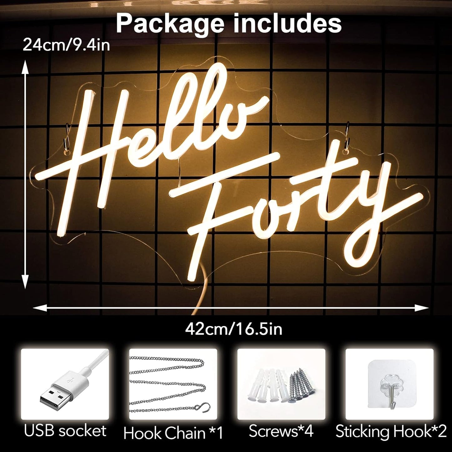 LED Hello Forty Neon Sign 16.5x9.4 inch - Dimmable Wall Decor for 40th Birthday, Bedroom, Office, Beauty Salon with USB Power