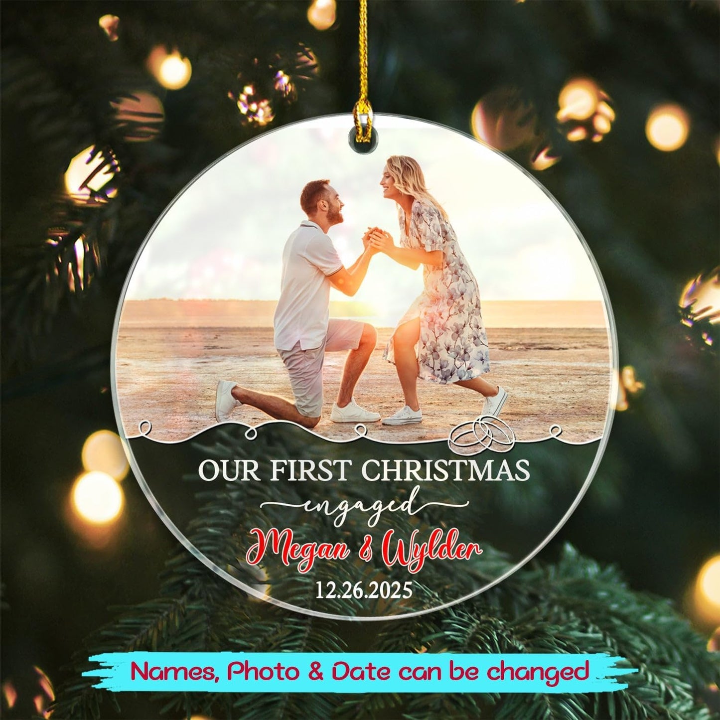 Our First Christmas Engaged Ornament, Customized Name Date & Photo Couple Just Engaged Ornament Gift for Bride to Be/Fiance/Fiancee, Personalized Add Photo Engagement Anniversary Xmas Ornaments