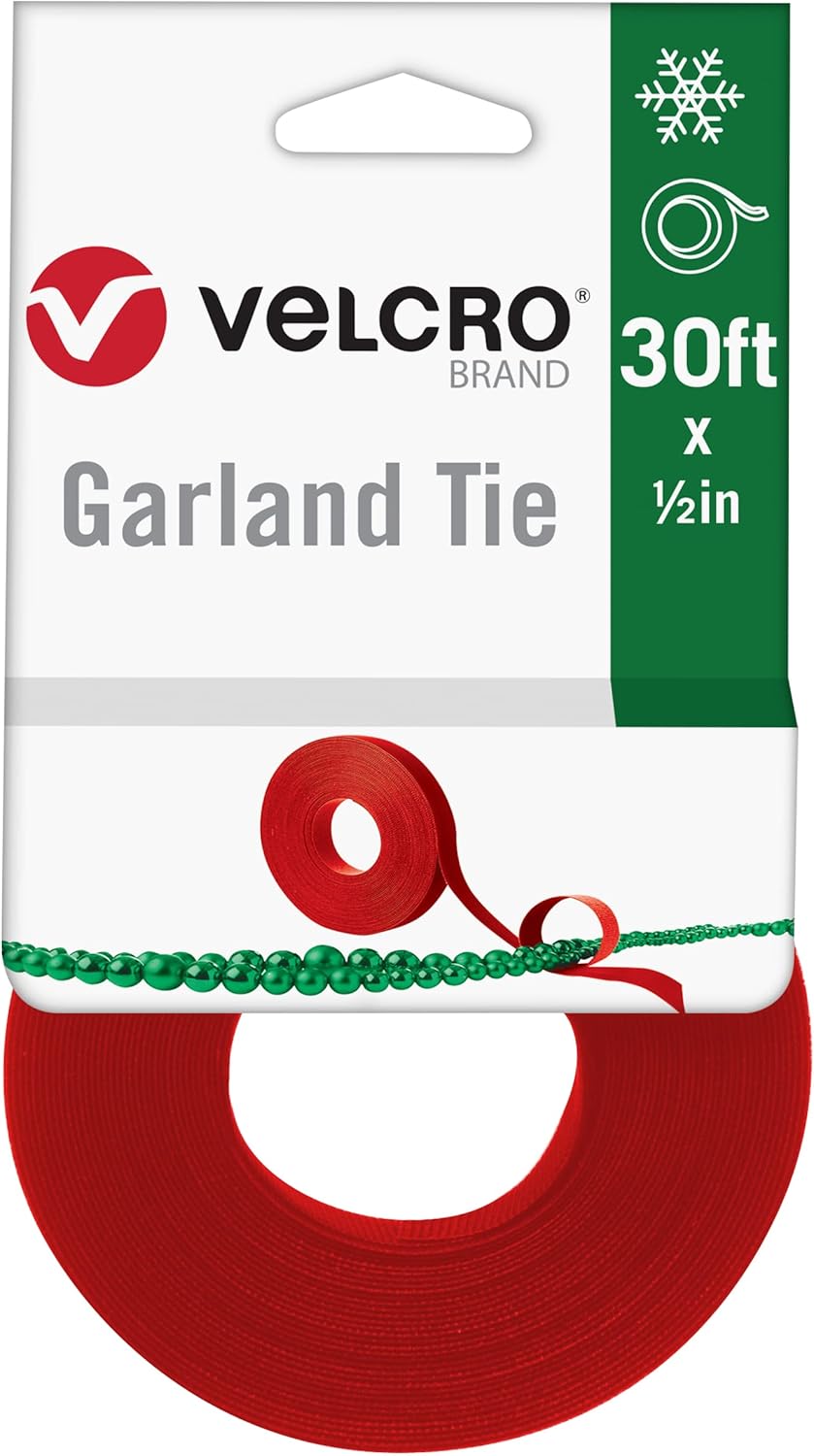 VELCRO Brand Holiday Garland Ties or Cable Straps | Hang Garlands, Lights or Wreath | for Banister, Railings, Stairs or Lamp Posts | 30ft Roll Cut to Custom Length | Red