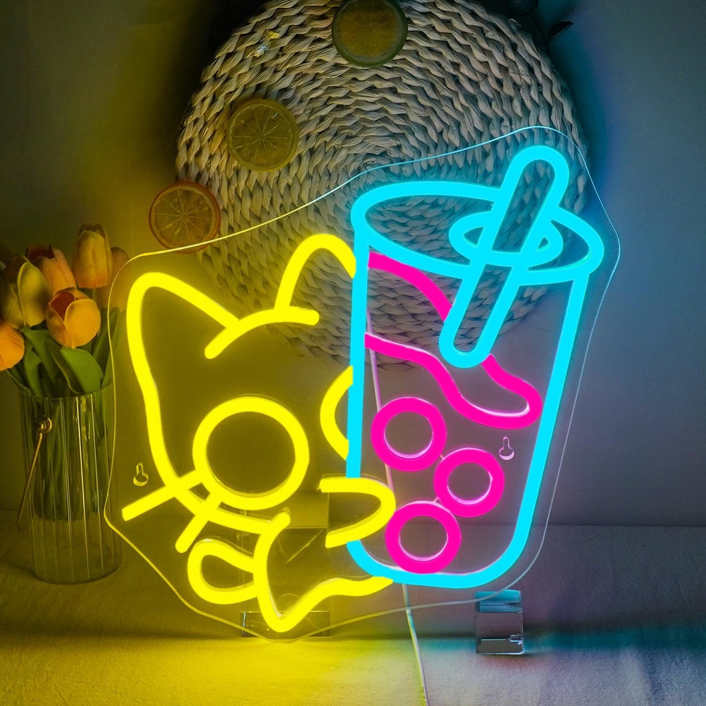 Looklight Cat Boba Tea Neon Sign,Yellow Cute Kitty Bubble Tea Neon Signs for Wall Decor,Dimmable LED Neon Light Bar Sign,USB Light Up Signs for Dimsum Store Bar Milk Tea Shop