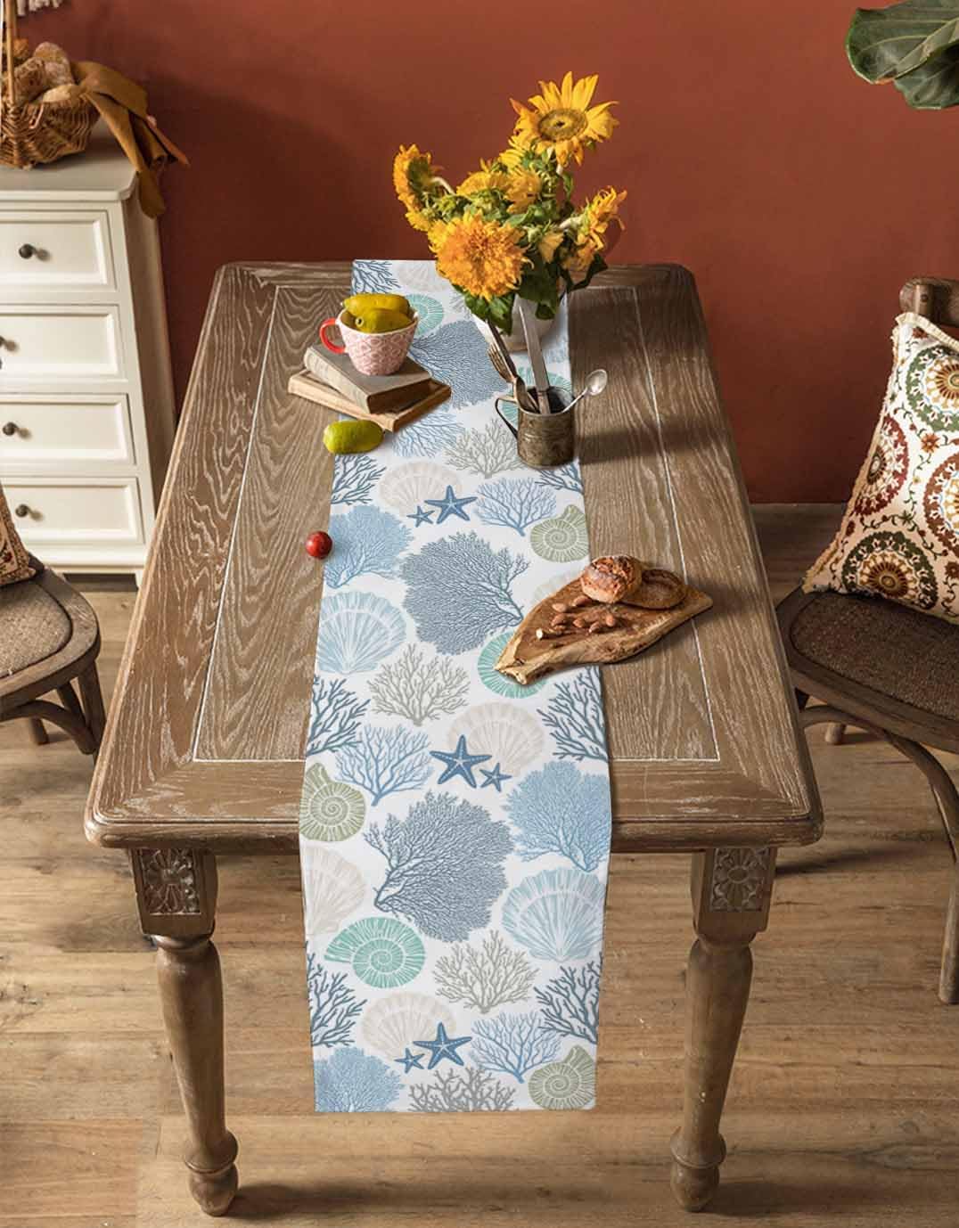 Coastal Coral Cotton Linen Table Runner for Dining Kitchen, Wedding Outdoor Party Tablerunners Decoration, Blue Nautical Starfish Ocean Shell Beach Dresser Scarf Coffee Tablecloth Runners 13x36 Inches