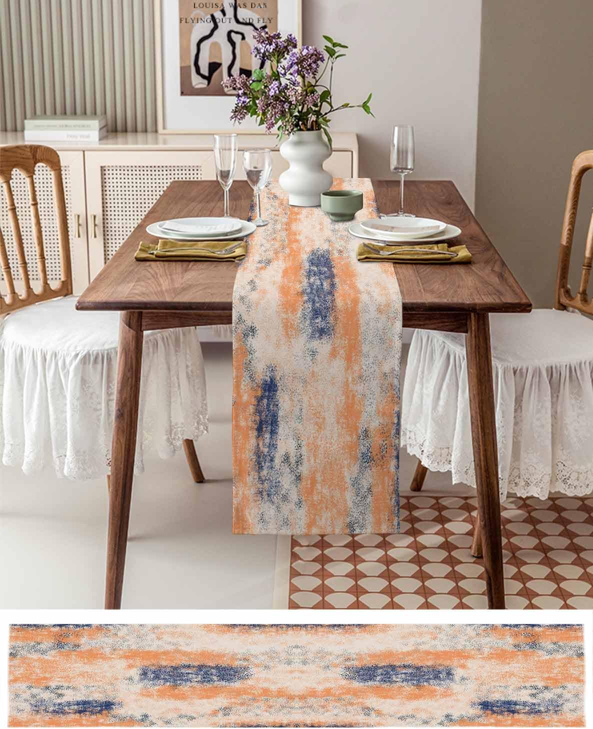 Vintage Oil Painted Cotton Linen Table Runner for Dining Kitchen, Wedding Outdoor Party Tablerunners Decoration, Abstract Modern Orange Minimalist Dresser Scarf Coffee Tablecloth Runners 13x90 Inches