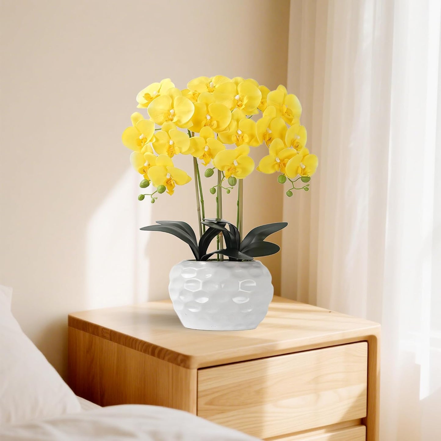 Orchid Artificial Flowers with White Vase Large Silk Faux Phalaenopsis Flowers for Dining Room Table Floral Centerpieces Indoor Decoration,Yellow