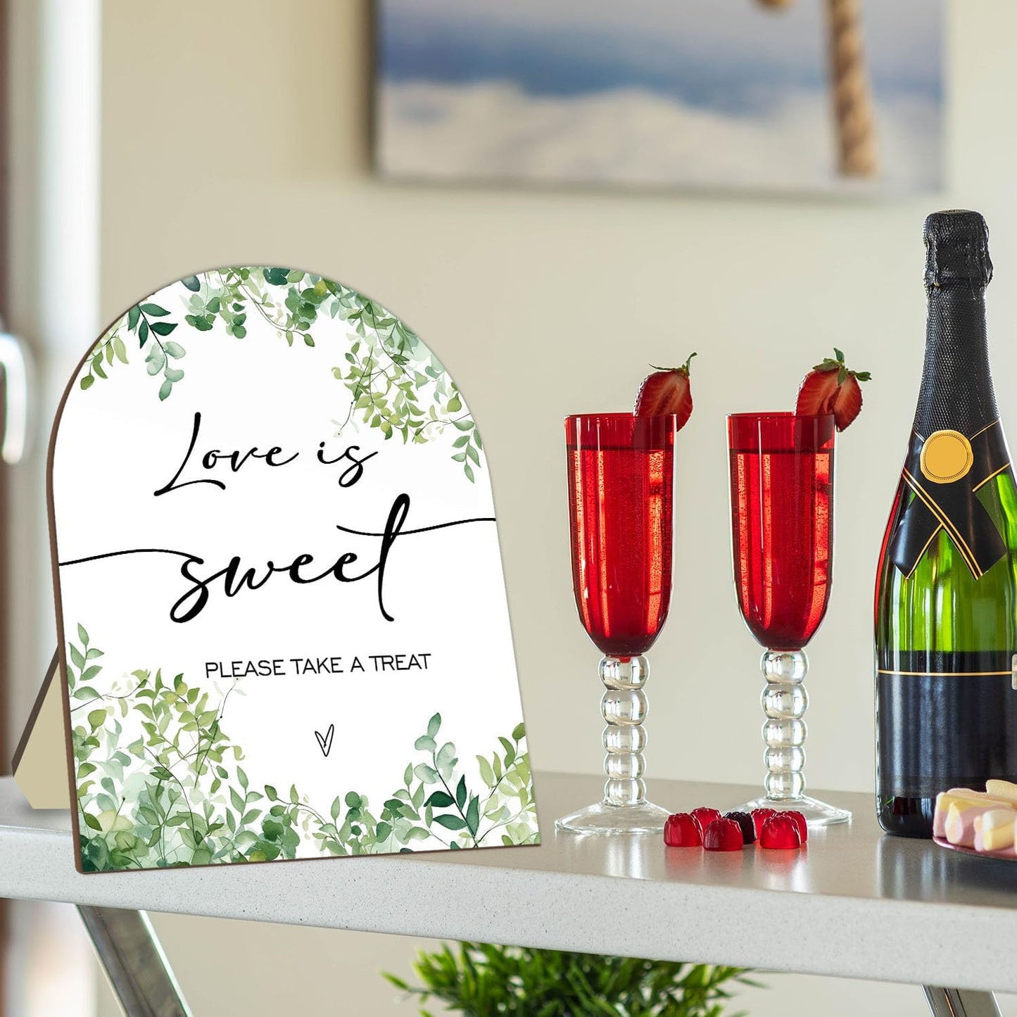 Love is Sweet Please Take A Treat Sign, Love is Sweet Sign for Baby Shower, Bridal Shower Decor Supplies, Eucalyptus Leaf Decoration Wedding Sign Favors for Guests 9 * 11IN