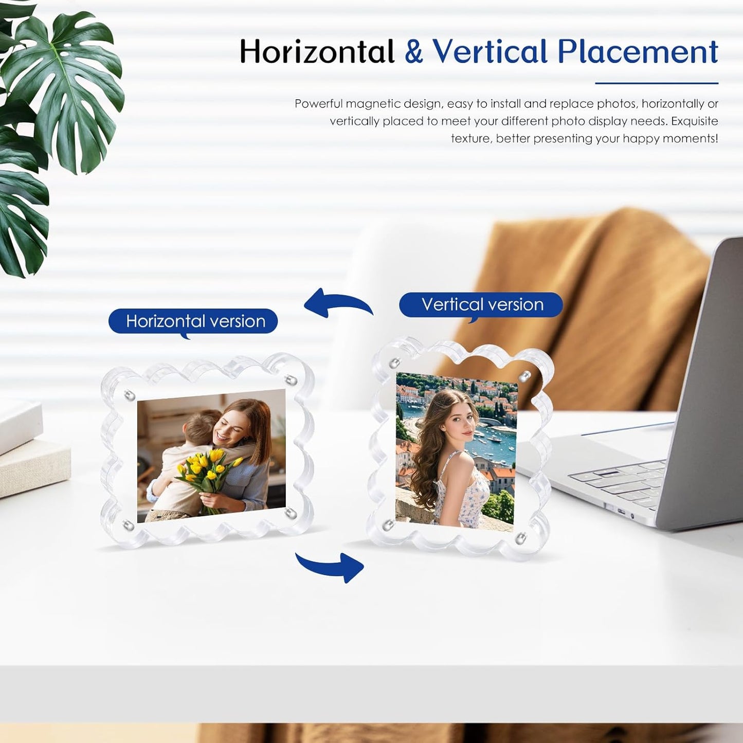 6Pack Magnetic Acrylic Picture Frames 2×3 Inch - Scalloped Glass Frame with 10+10mm Thick Block, Double Sided Clear Frames for Desktop Display | Trendy Home Gift