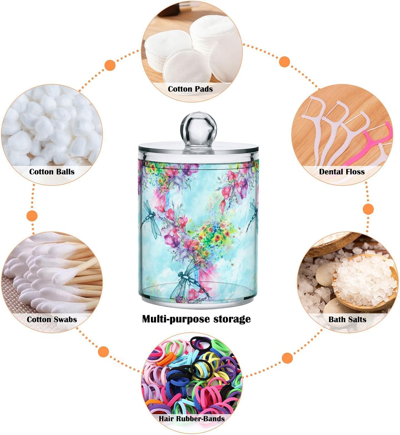 Gredecor Qtip Holder Dispenser 4 Pack Watercolor Flowers Dragonfly Apothecary Jars with Lids Bathroom Vanity Countertop Canister Storage Organizer for Cotton Ball,Swabs,Pads,Floss