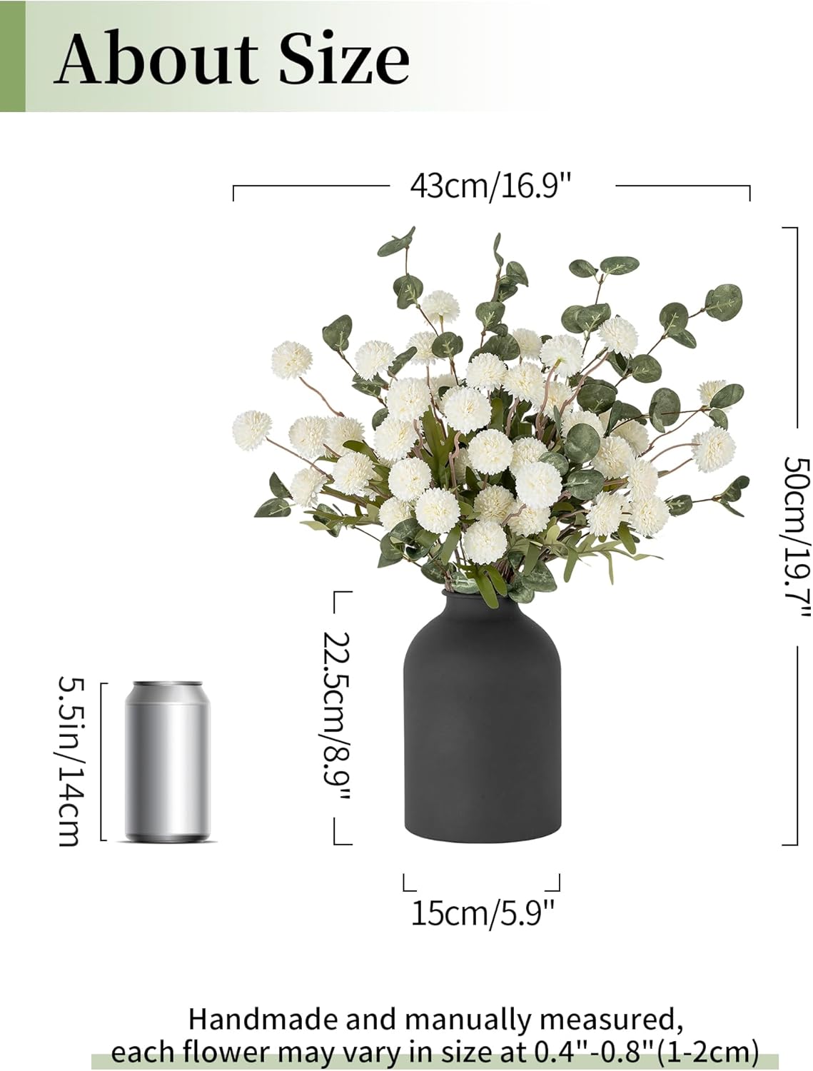 BLOSMON Fake Flowers in Vase for Centerpieces: Metal Vase with 12 Stems of Artificial Mums Kiku Flowers Eucalyptuses Home Table Decor - White Faux Pom Poms Floral Arrangements for Living Room