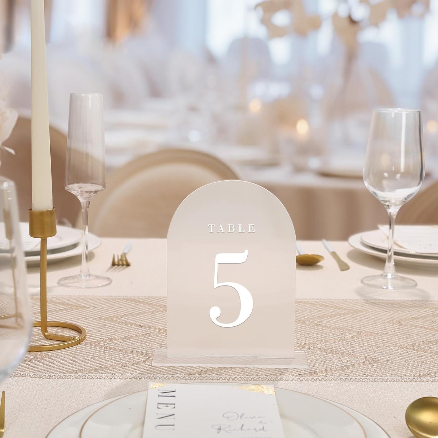 UNIQOOO Frosted Arch Wedding Table Numbers with Stands 1-30, 5x7" Acrylic Display Signs and Holders, Pack of 30, Perfect for Centerpiece, Reception, Decoration, Party, Anniversary, Event