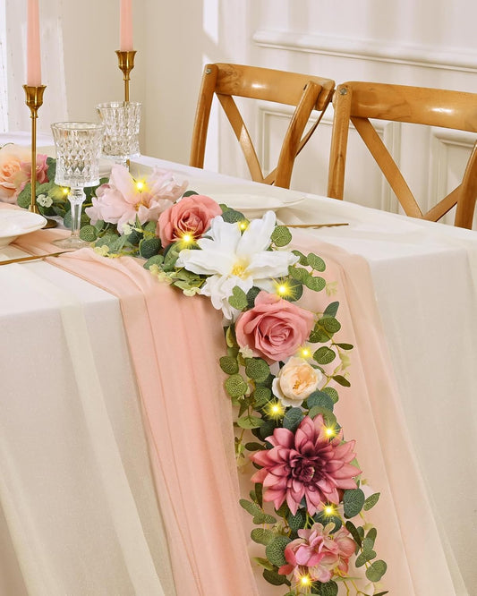 Waipfaru Artificial Flower Garland with Lights, 6.07Ft Lighted Eucalyptus Greenery Garland, Pink Rose Floral Vines for Wedding Table Runner Centerpieces Backdrop Decor