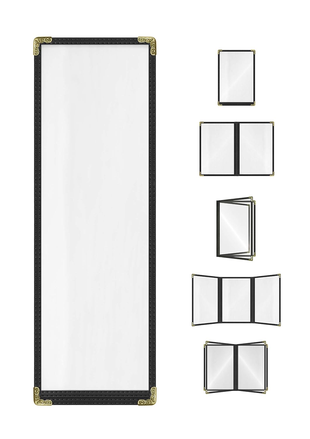 Goodsmart Restaurant Menu Covers - 25 Pack Black 1-Page/2-View 4.25" x 14", Top-Loading Vinyl Menu Holders with Clear Sleeves, Double-Stitched Edge, Leather-Style Café Covers with Gold Corners