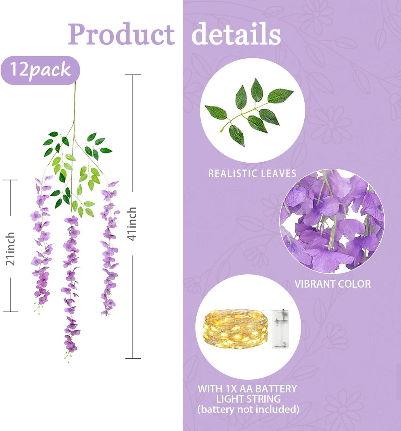 12 Pack Light Purple Wisteria Hanging Flowers Garland with Lights, 3.44 Feet Artificial Flower Vines, Fake Wisteria, Artificial Vines Hanging Garland for Backdrop Outdoor Patio Garden Decor