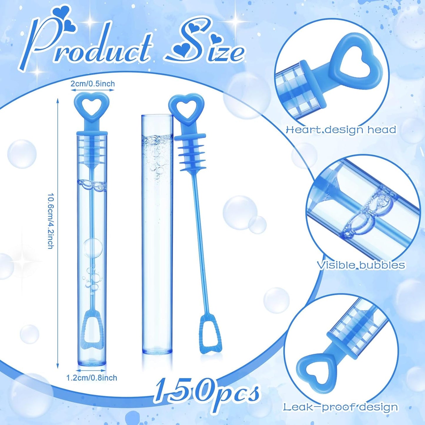 150 Pcs Bubble Wands Bulk for Wedding Party Mini Heart Wand with Bubble Solution for Wedding Bridal Showers Valentine Anniversary Graduation Birthday Supplies(Blue,Single Heart)
