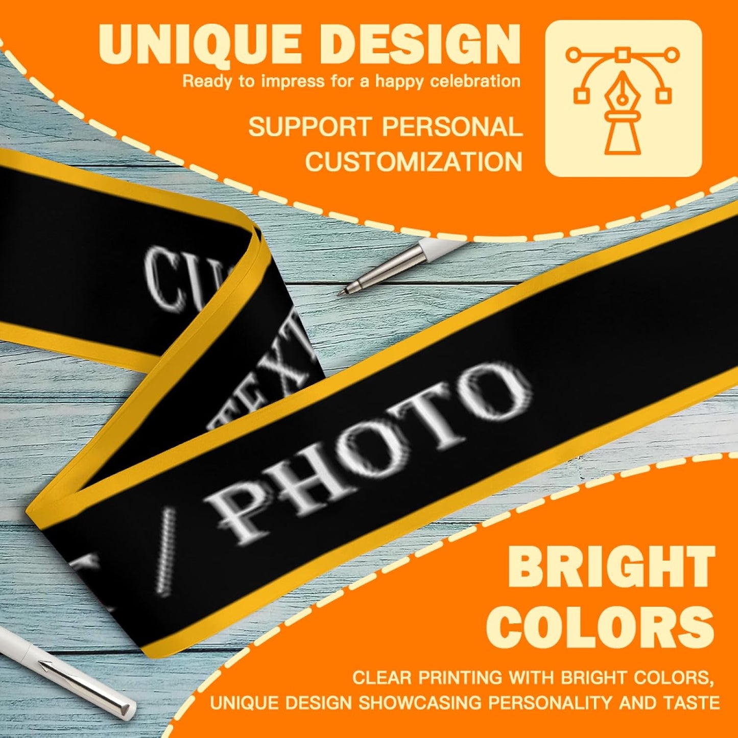 Custom Sash,Personalized Birthday Sash with Text Photo,Customized Bachelorette Sash Quote Sash Bride to Be Sash Color Optional (With decorative edge, Black)