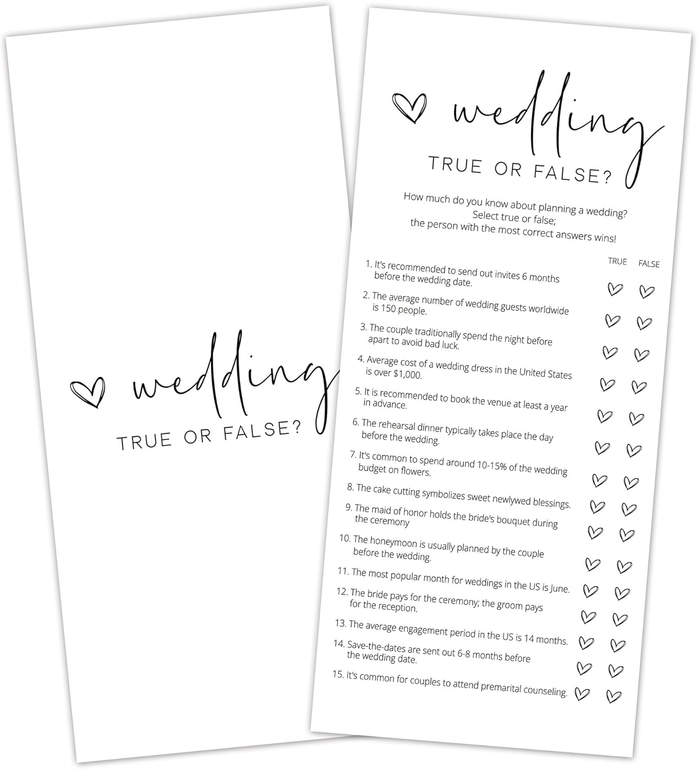 Bridal Shower Games, True or False, 25Pcs 4x9inch Minimalist White Double-Sided Bridal Game Cards with 1 Answer Key, Wedding Shower Games for Guests, Engagement Bachelorette Party Supplies - A07